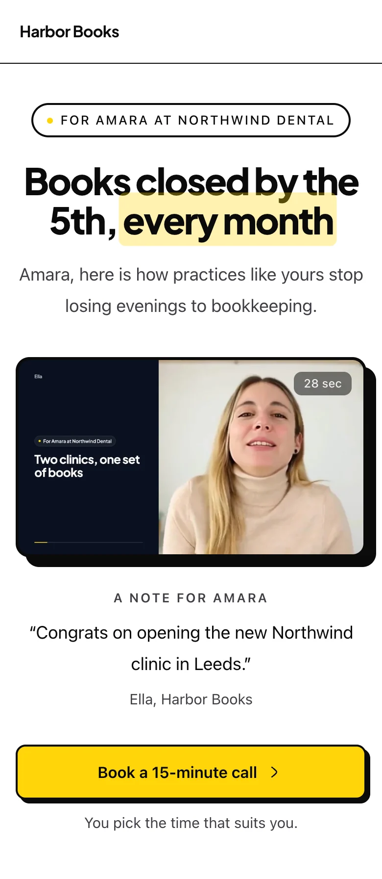 Example page for Amara Okafor at Northwind Dental: her name at the top, a video made for Amara, a note about Northwind Dental and one button to book a call.